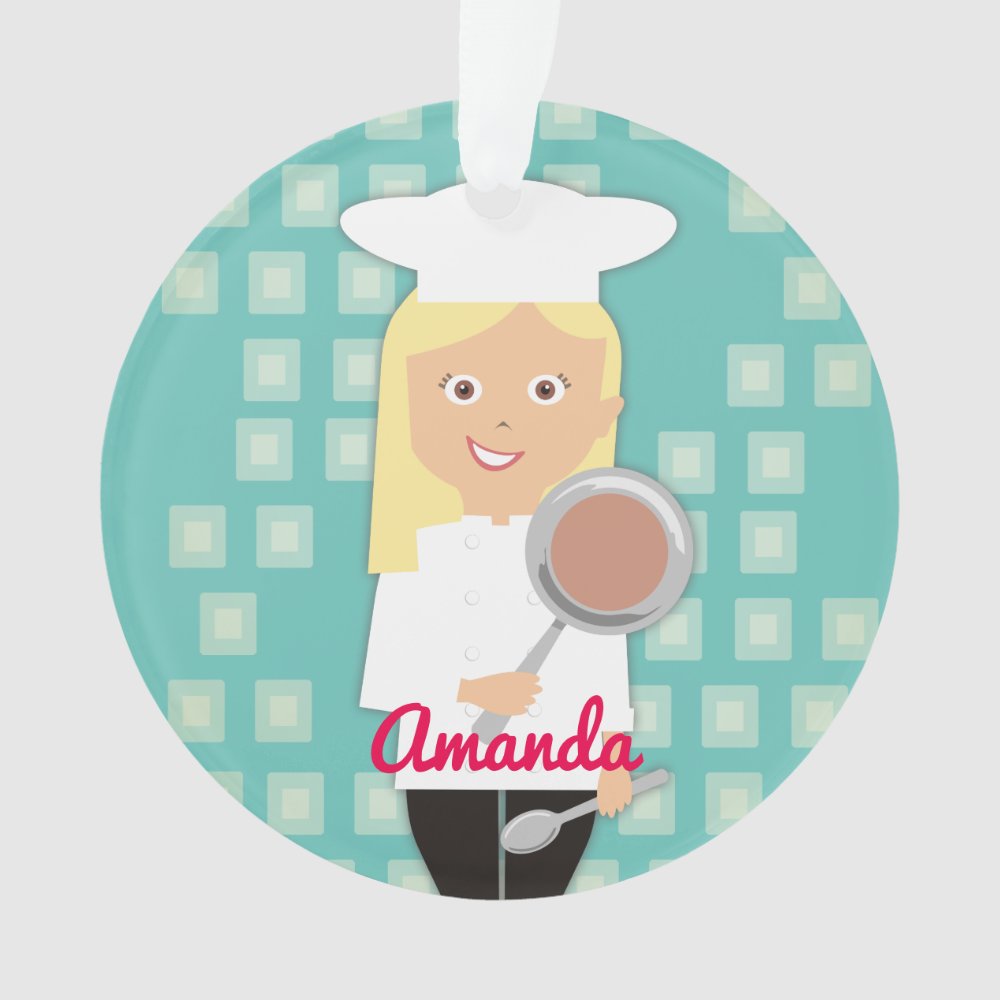 blonde girl chef hat frying pan personalized ornament - Cooking Gifts